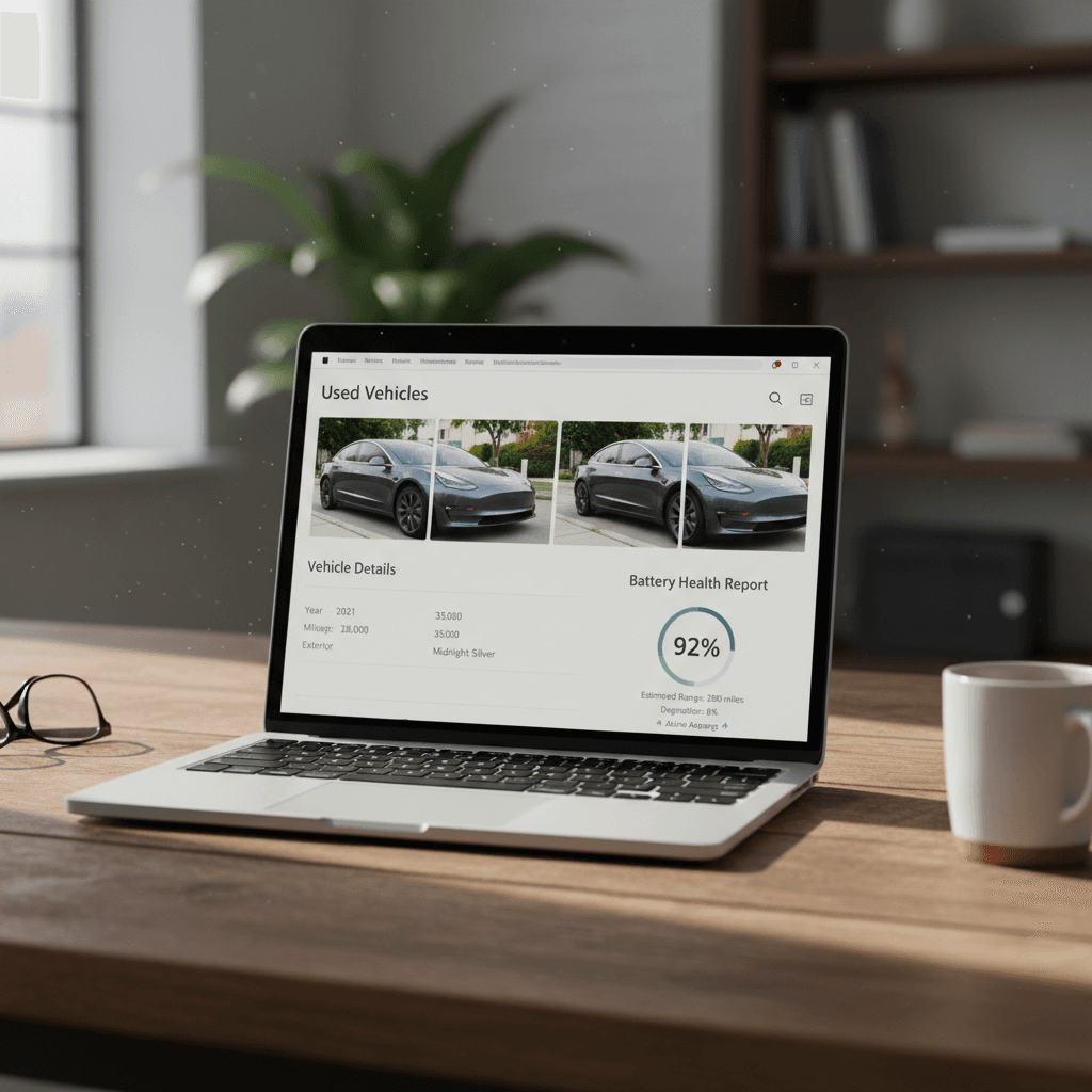 Laptop screen showing a used Tesla Model 3 listing with photos, battery health score, and pricing details