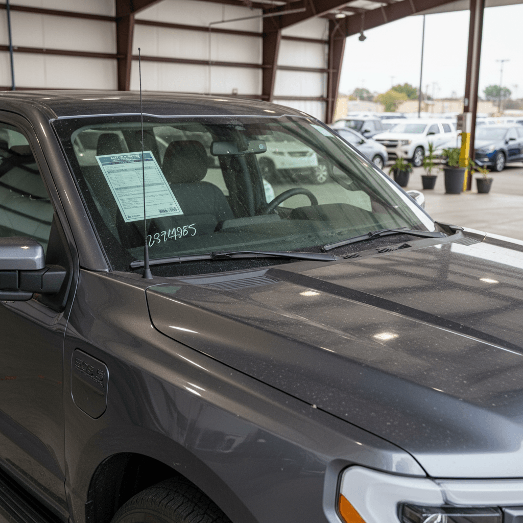 Used Ford F-150 Lightning with a price tag on the windshield at a dealership lot