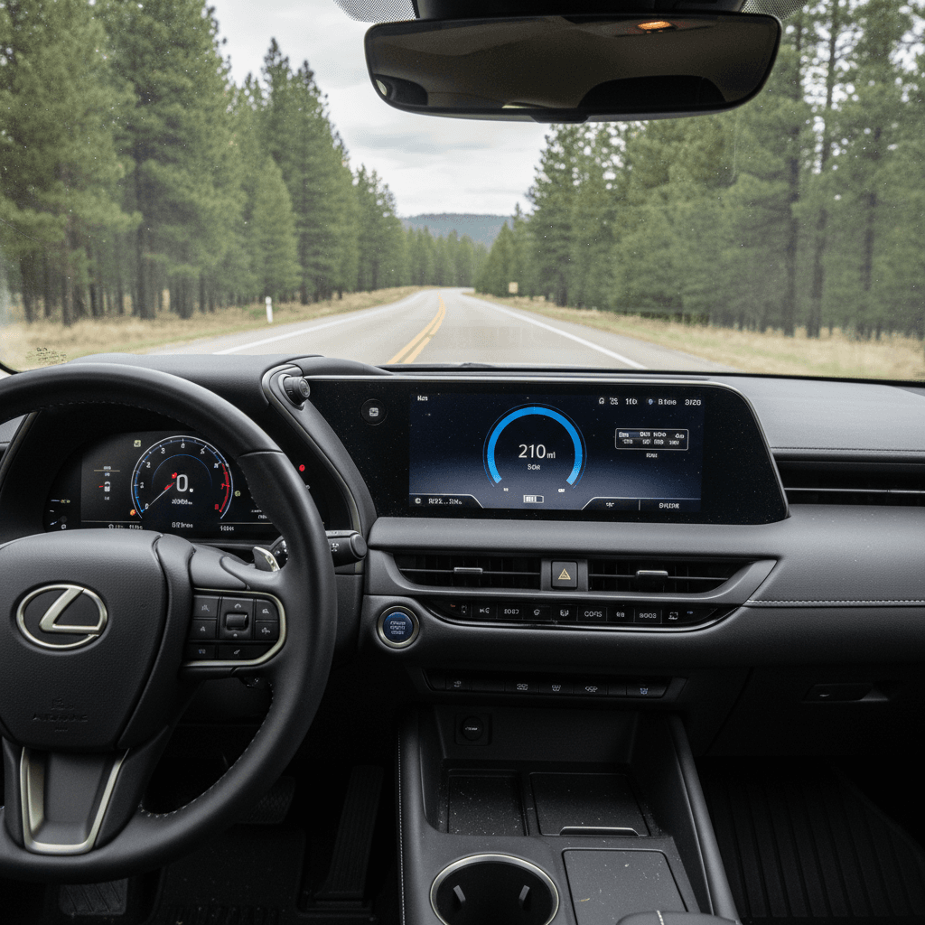 Lexus RZ digital instrument cluster showing real-time energy use and estimated remaining range