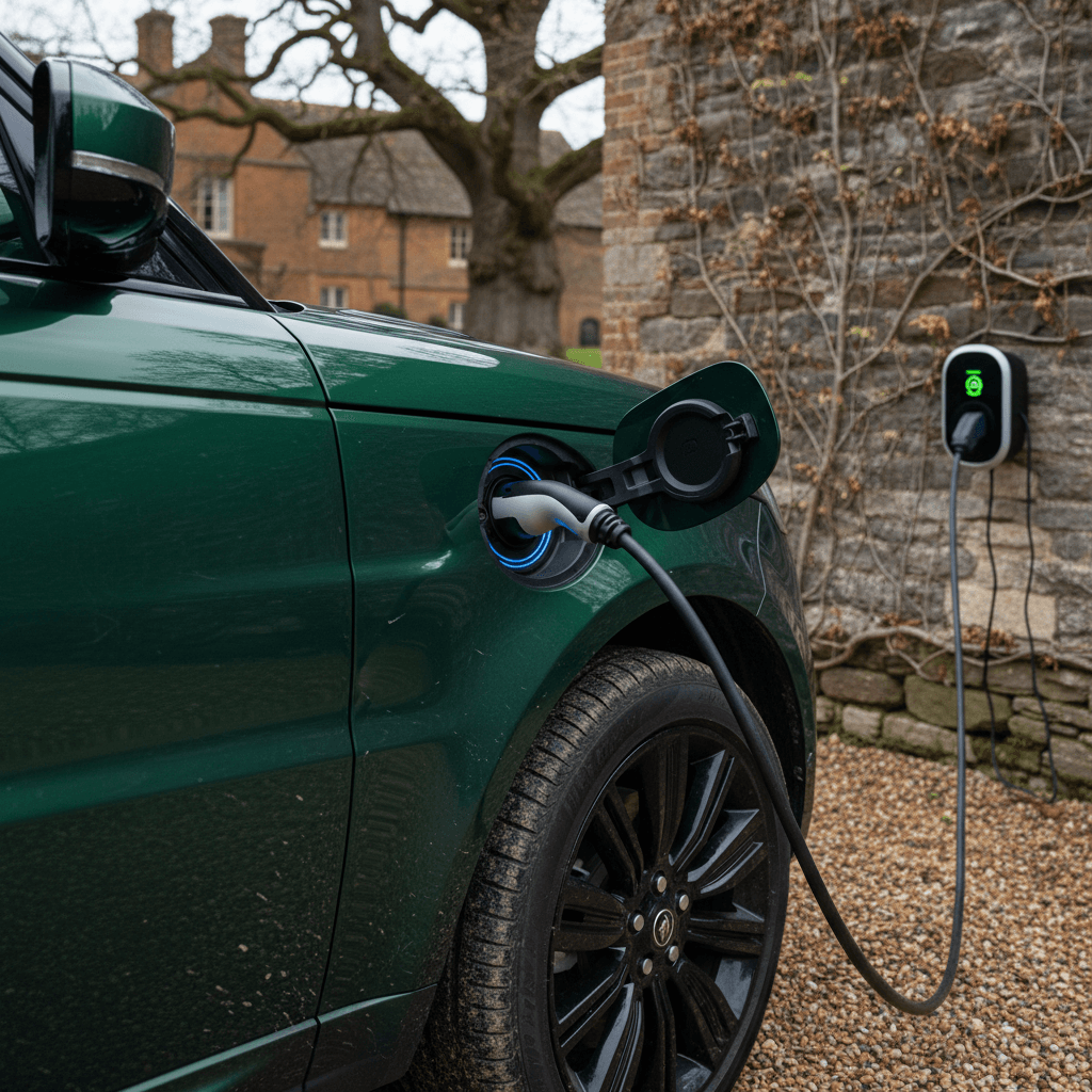 Range Rover plug‑in hybrid SUV charging at a home wallbox in a modern driveway