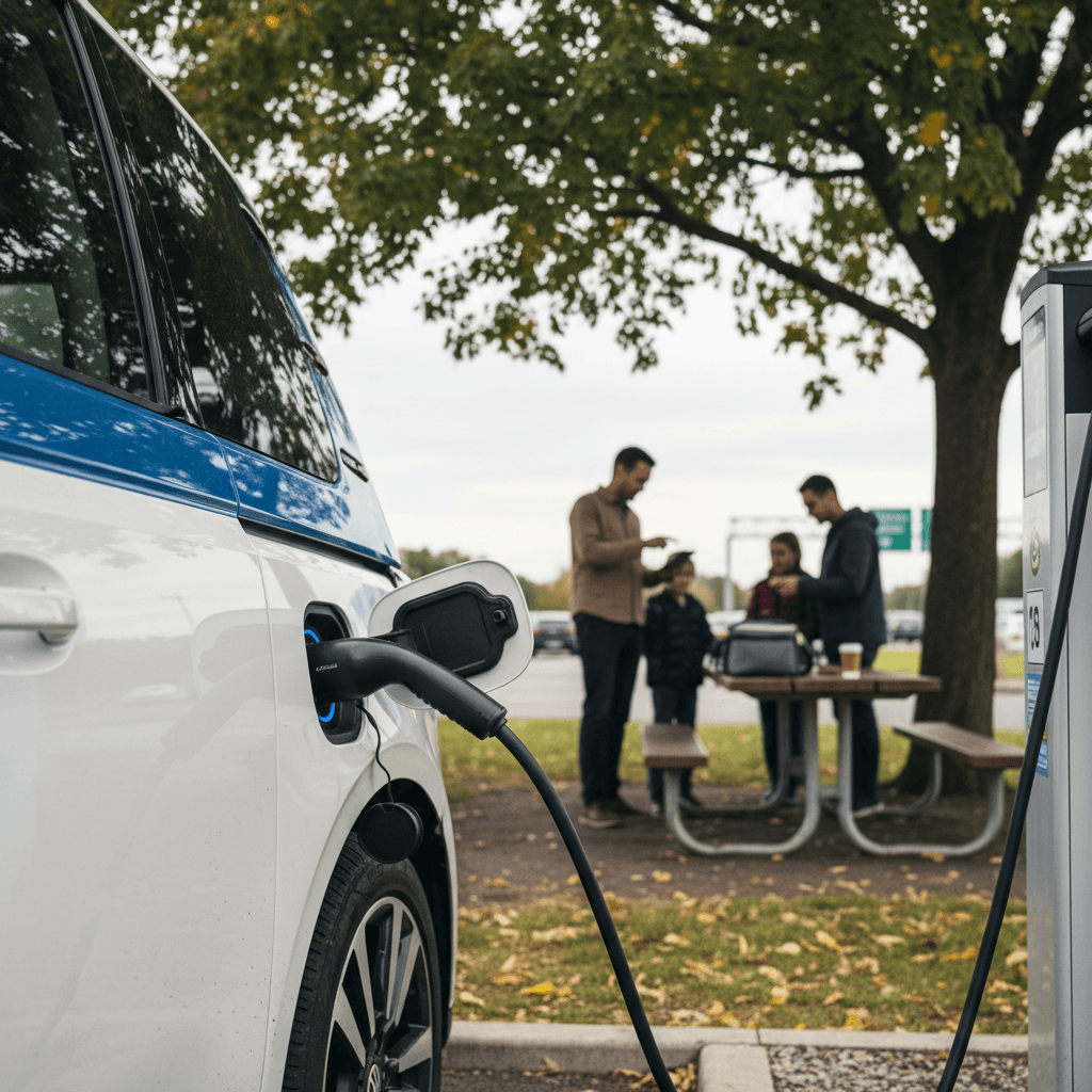 Volkswagen ID. Buzz charging at a highway DC fast charger during a family road trip