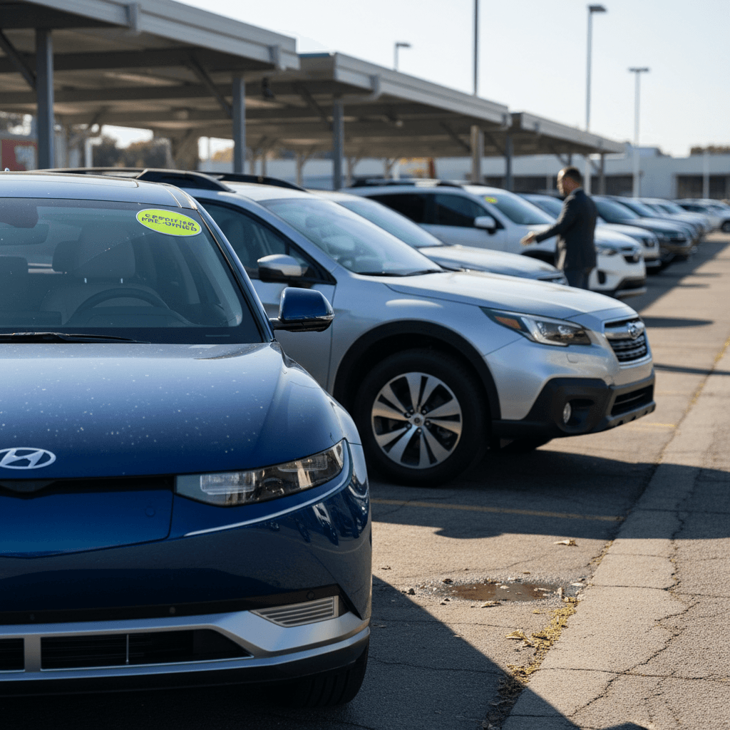 Row of late-model certified pre owned SUVs lined up on a dealer lot