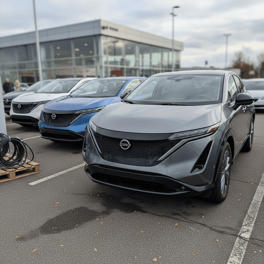Row of used Nissan Ariya electric SUVs lined up on a dealer lot, illustrating steep depreciation in the used EV market