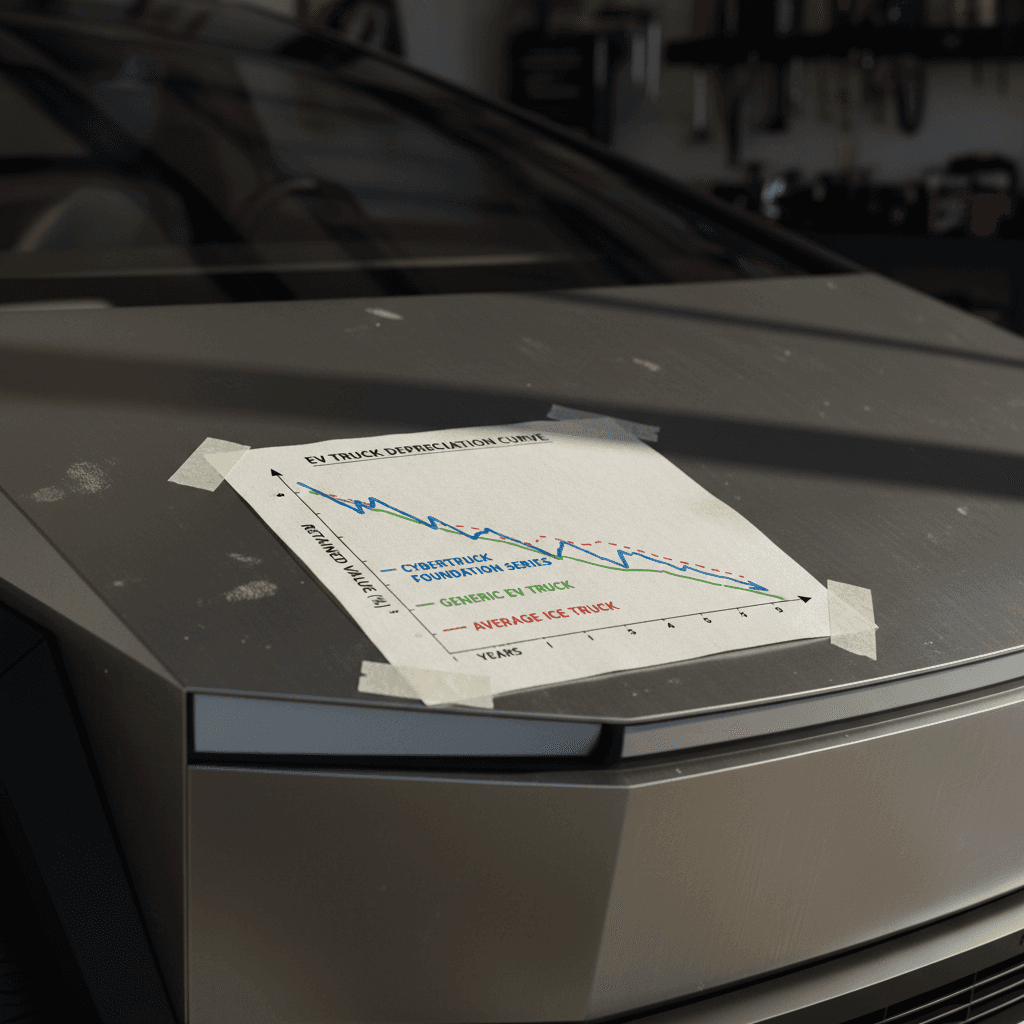 Stylized chart showing an electric pickup truck’s value declining over five years with a steeper drop in years one and two, then a flatter line through year five