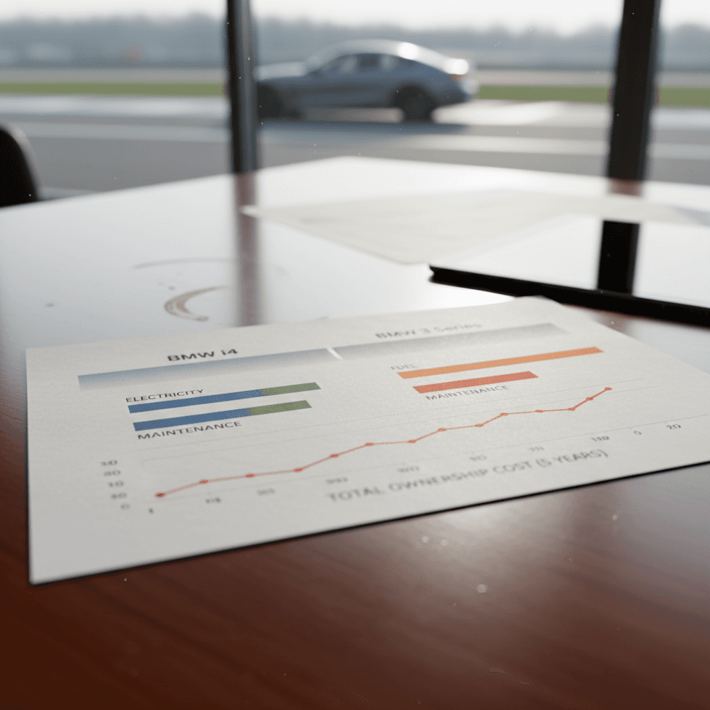 Side-by-side comparison graphic of BMW 3 Series and BMW i4 showing fuel, electricity and maintenance cost differences over time