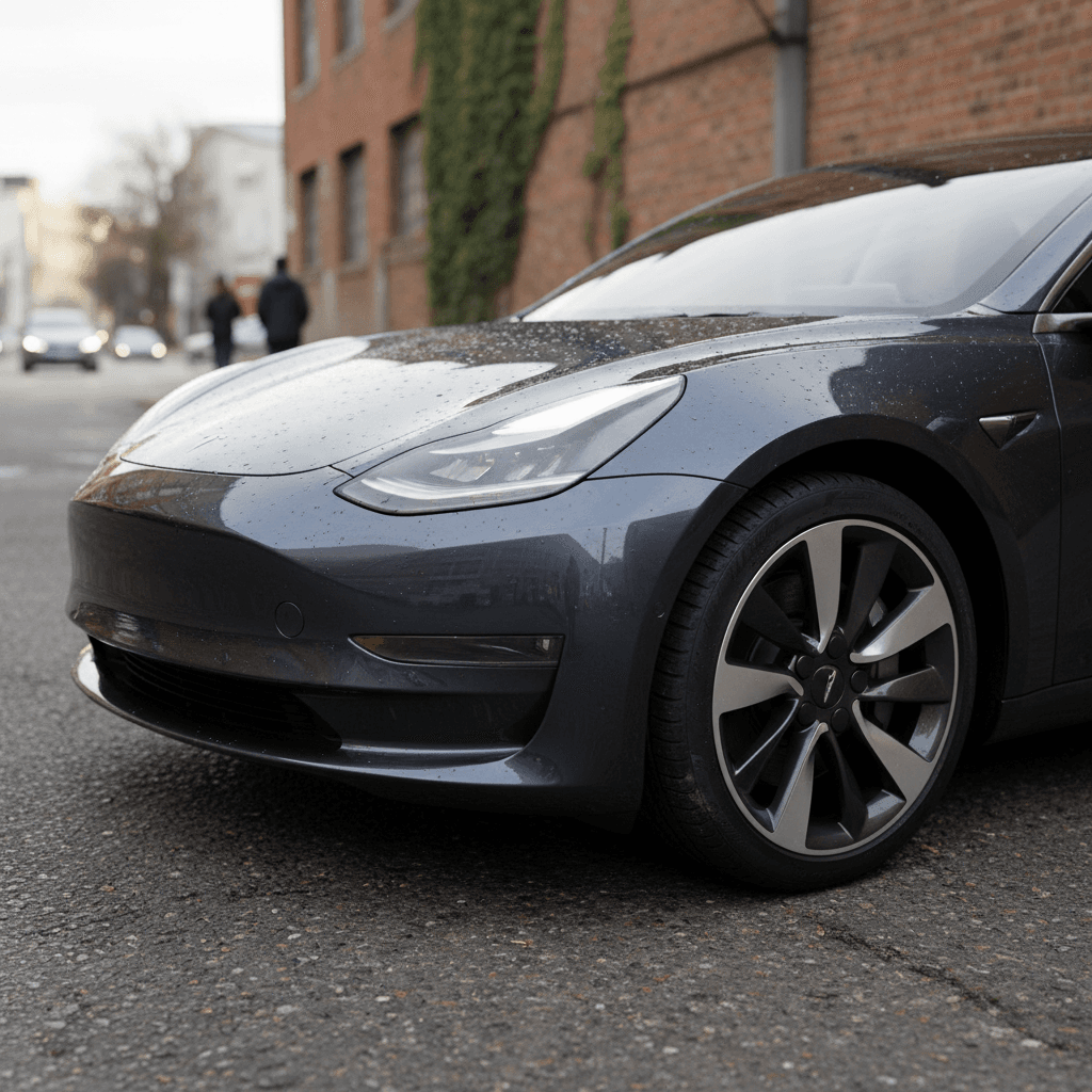 Front three-quarter view of a 2024 Tesla Model 3 Highland showing updated headlights and wheels