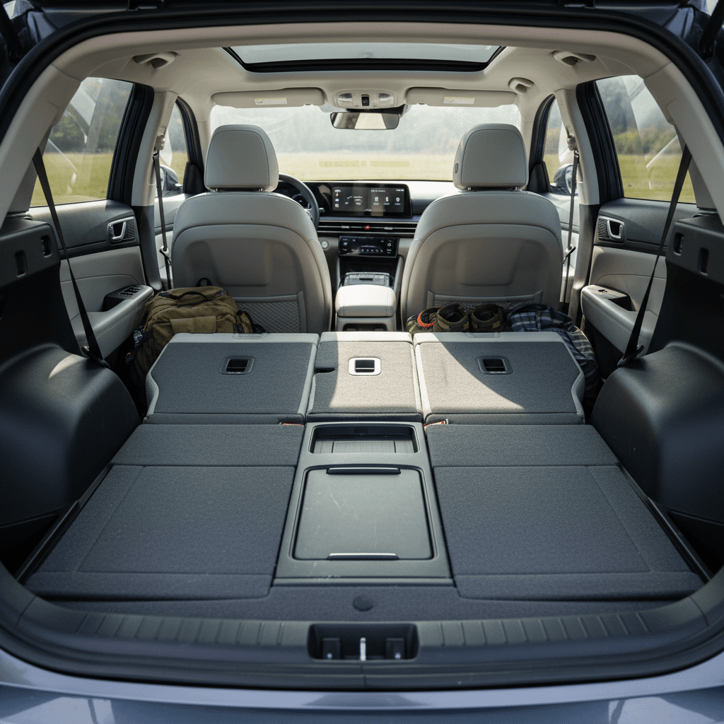 Hyundai Ioniq 5 interior with flat floor and sliding center console maximizing space for front and rear passengers