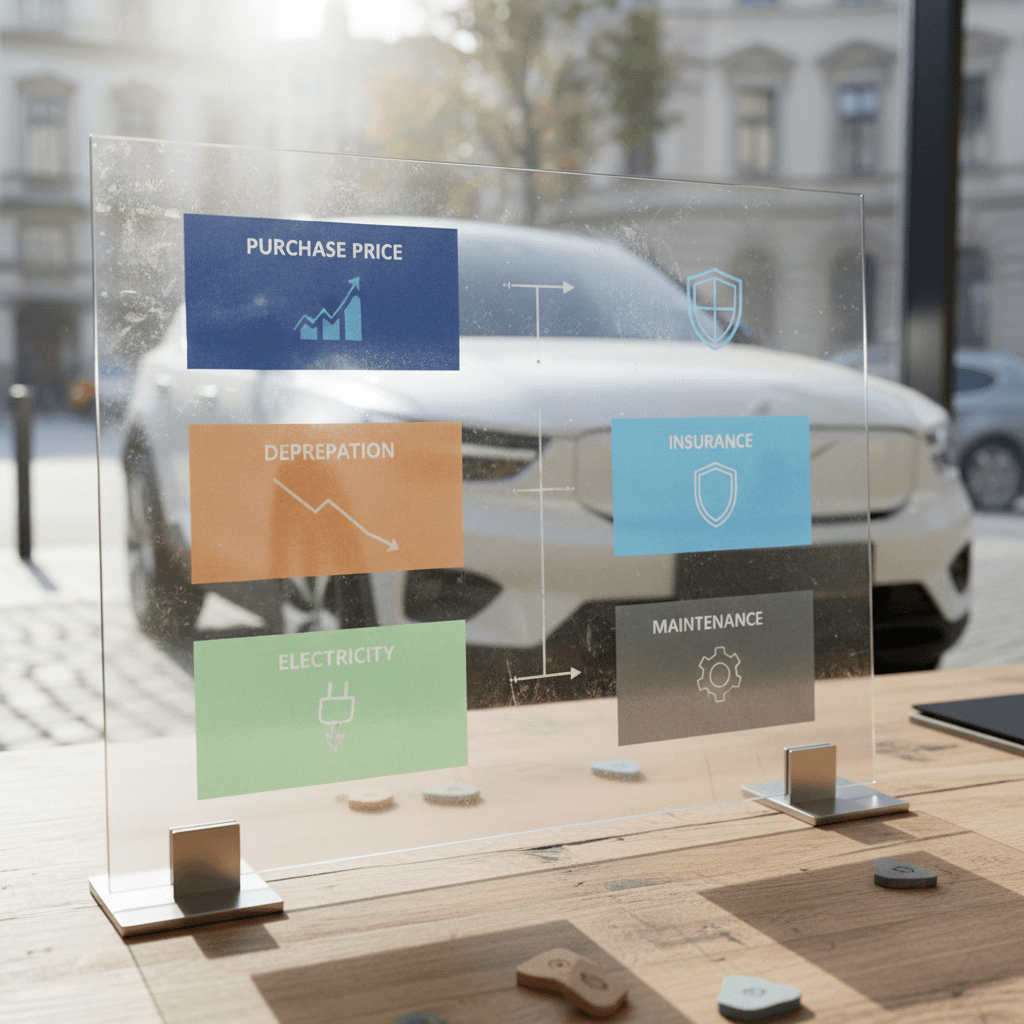 Diagram visualizing the 5-year cost breakdown for a Volvo EX30 including purchase, depreciation, electricity, insurance, and maintenance compared with a gas SUV