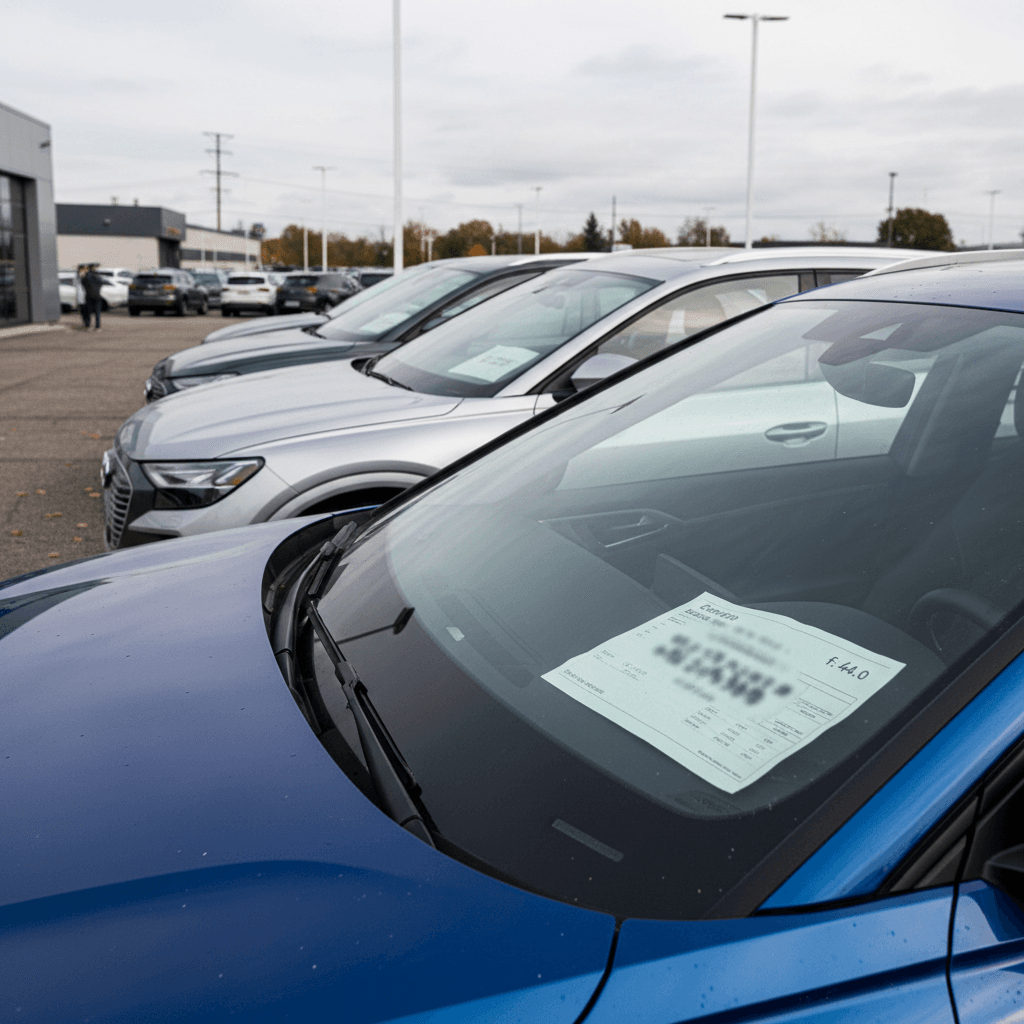 Row of used Audi Q4 e-tron SUVs at a dealership lot, highlighting different colors and trims