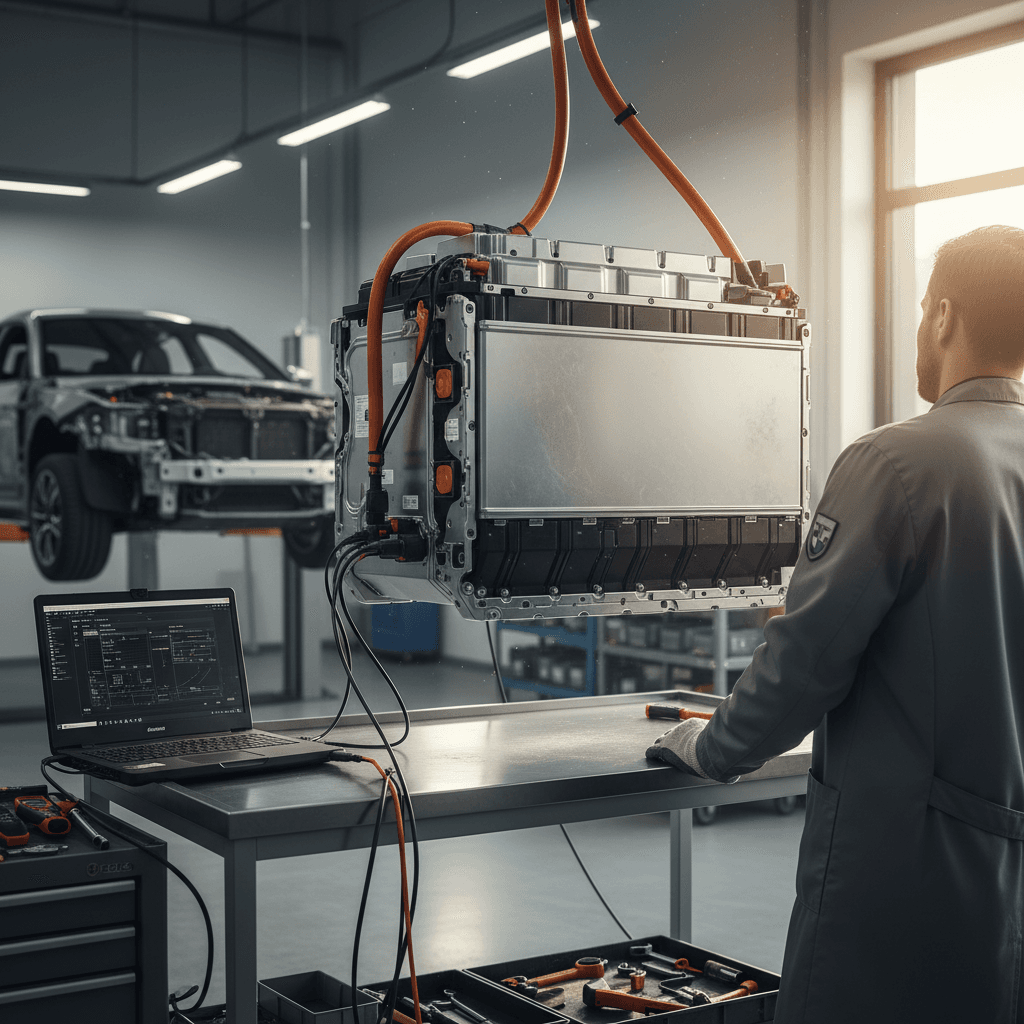 Technician inspecting a BMW i4 battery pack on a lift using diagnostic software