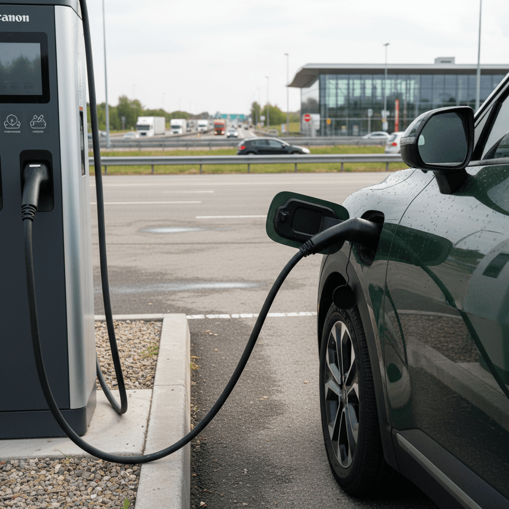 Kia EV9 charging at a highway DC fast charging station with family stretching their legs nearby