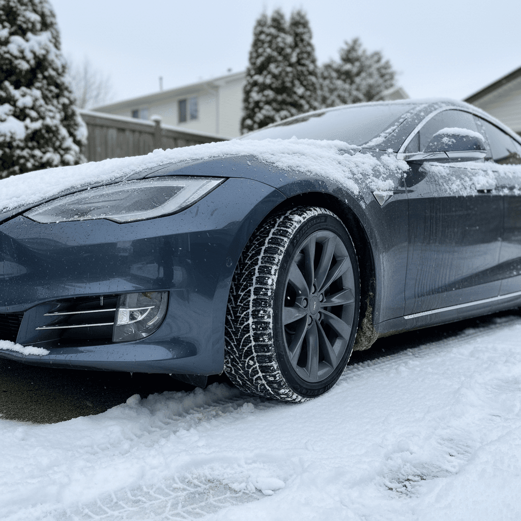 Tesla Model S on a snowy residential street wearing winter tires, showing low but workable ground clearance in light snow