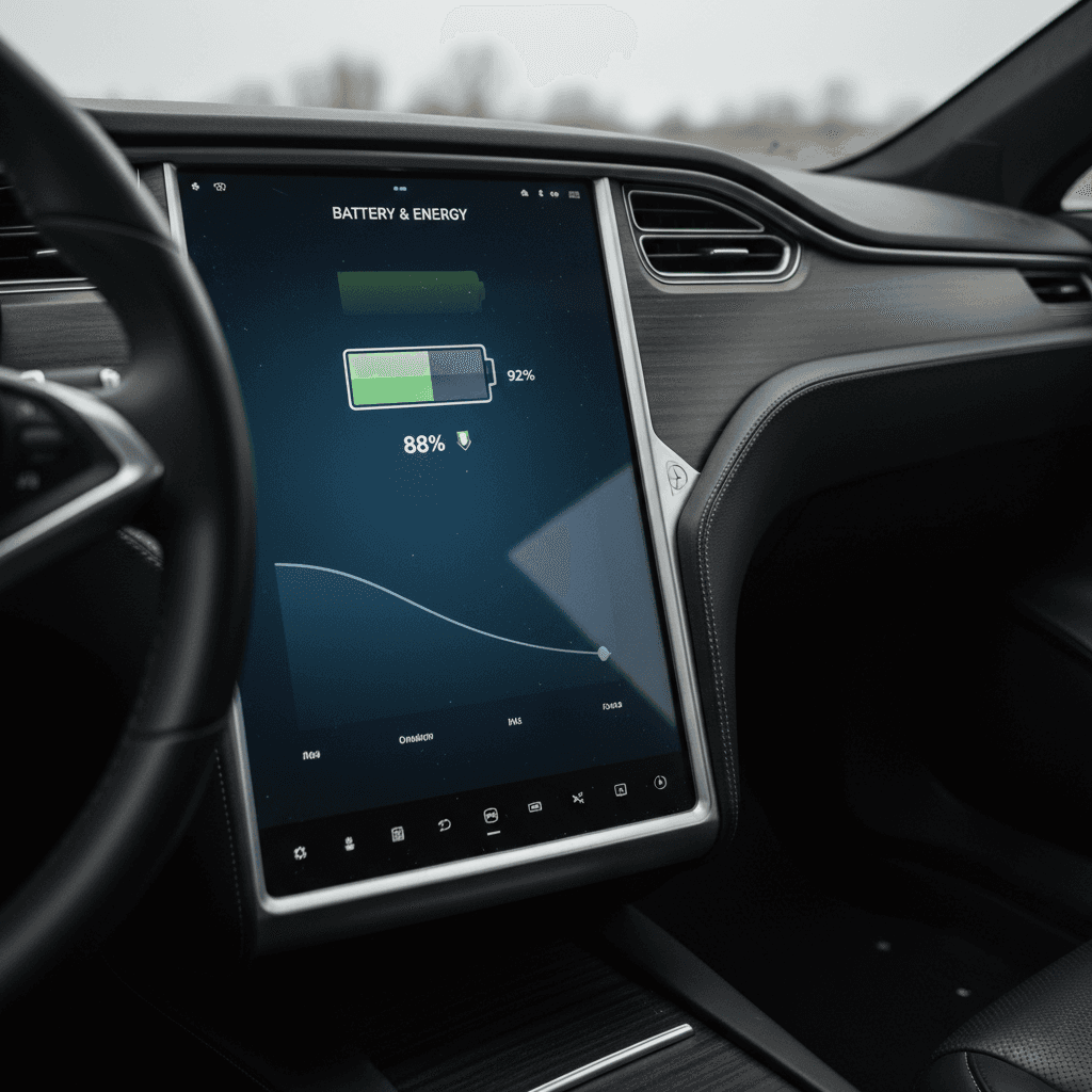 Tesla Model S touchscreen displaying energy and battery screen used to evaluate battery health