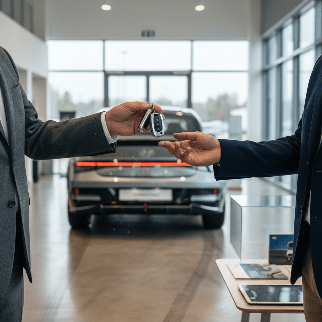 Seller completing paperwork for their Hyundai IONIQ 6 sale with an EV specialist in a modern showroom