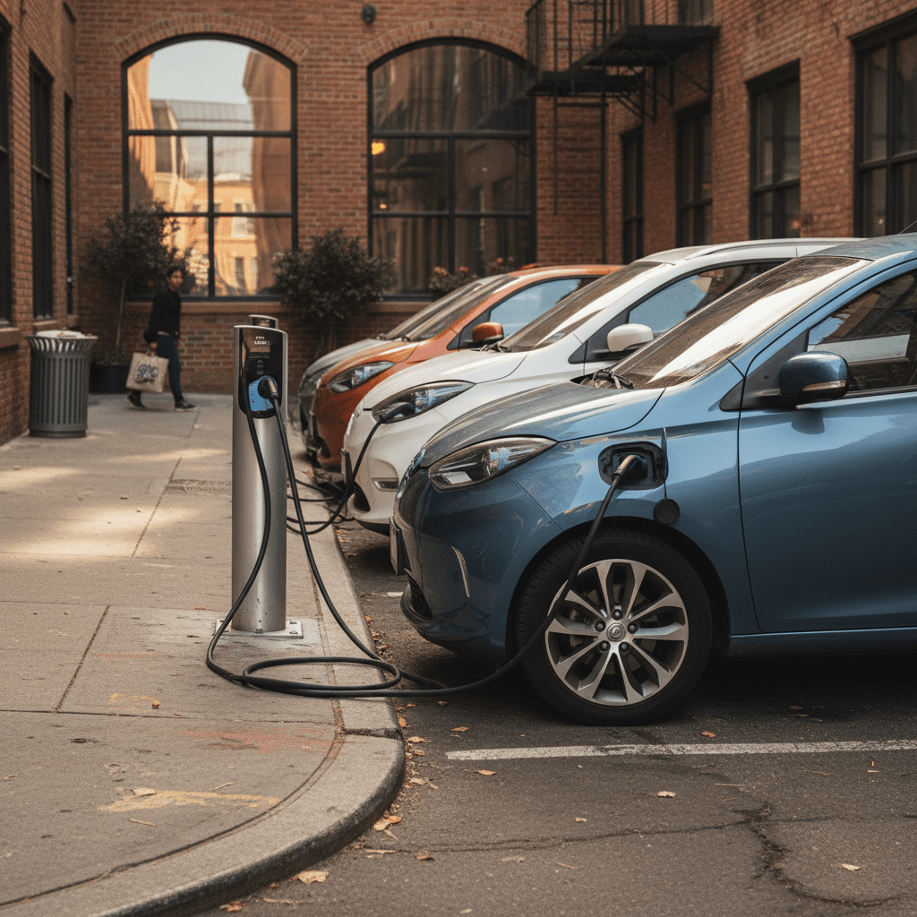 Several compact electric hatchbacks and crossovers parked and charging at curbside stations in a dense city neighborhood