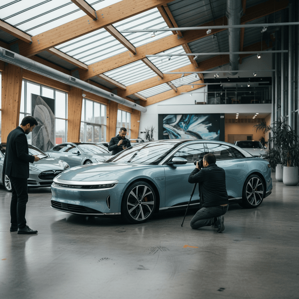 Lucid Air undergoing a professional EV inspection and battery health scan before being listed for sale