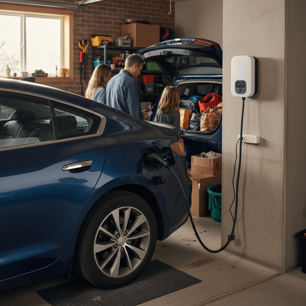 2022 BMW i4 plugged into a DC fast charger, showing the side profile and charging port area