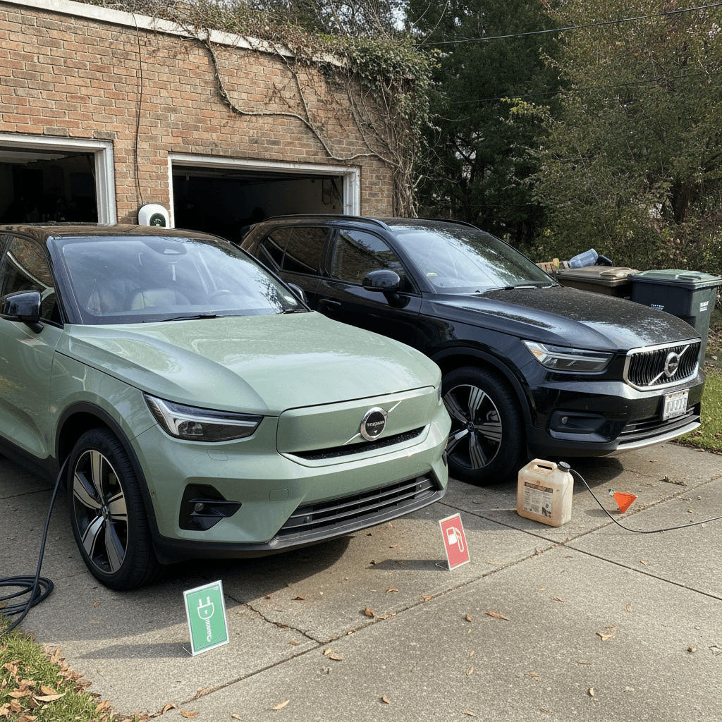 Volvo C40 Recharge parked next to a similar gas SUV, illustrating cost comparison between electric and gas models