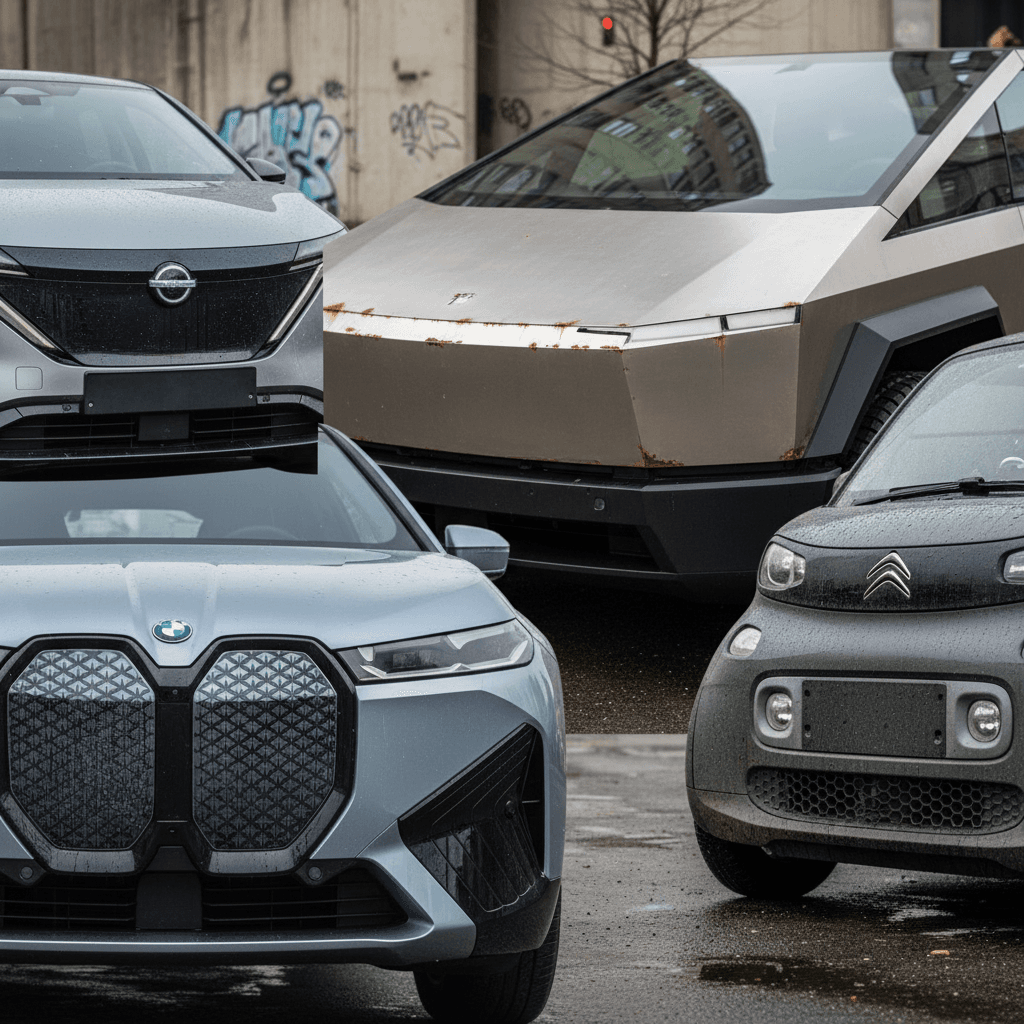 Collage of several unusual and polarizing electric cars including a pickup truck, city car, and compact hatchback