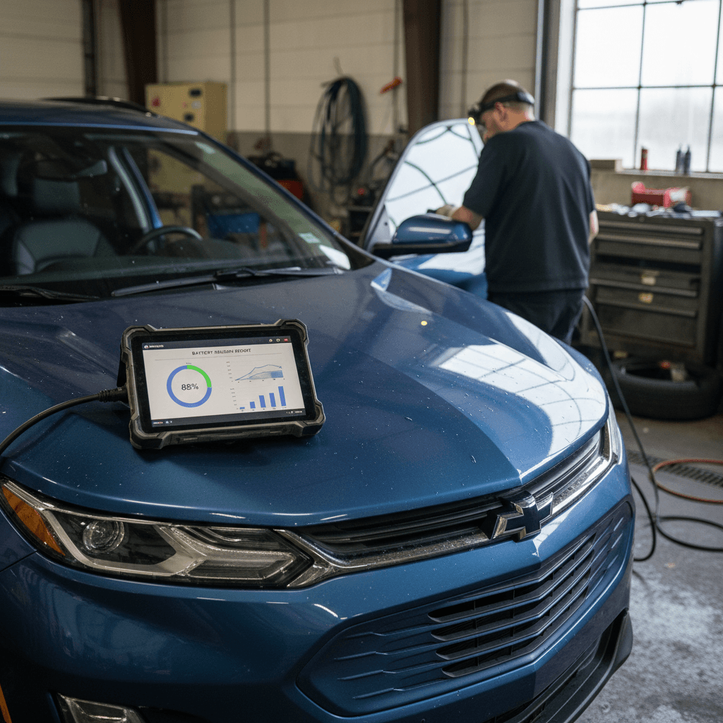 Technician inspecting a used Chevrolet Equinox EV with a tablet showing a battery health report during trade‑in evaluation