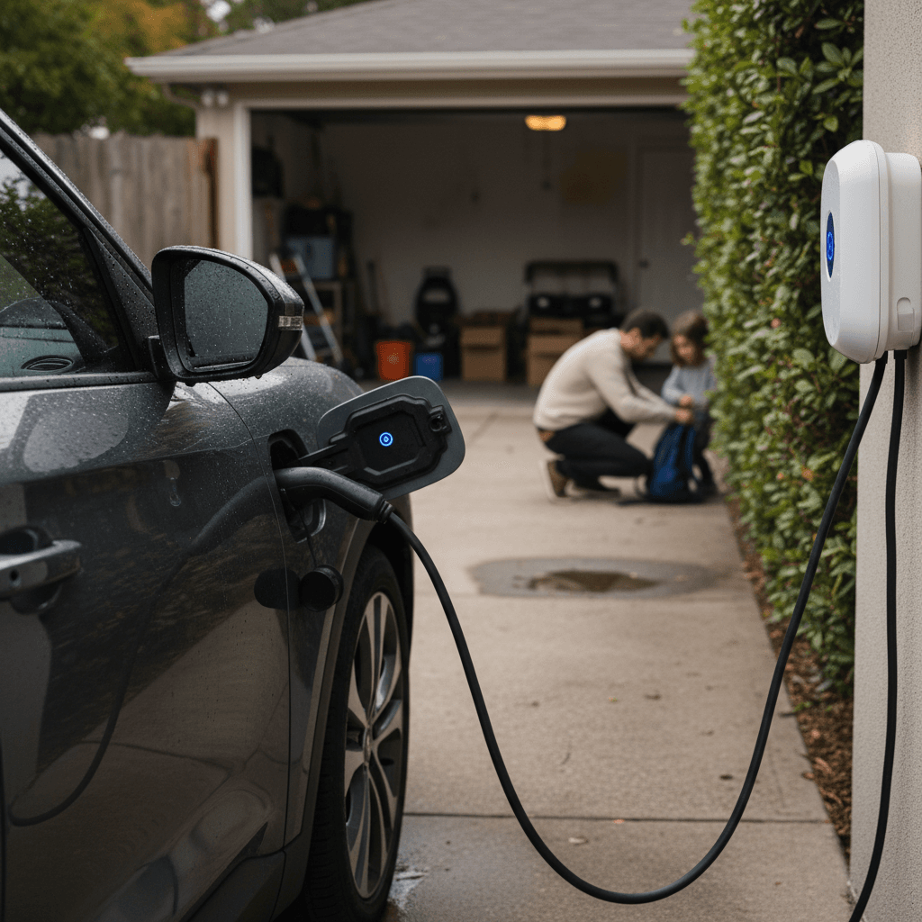 Electric crossover SUV plugged into a home charger in a driveway