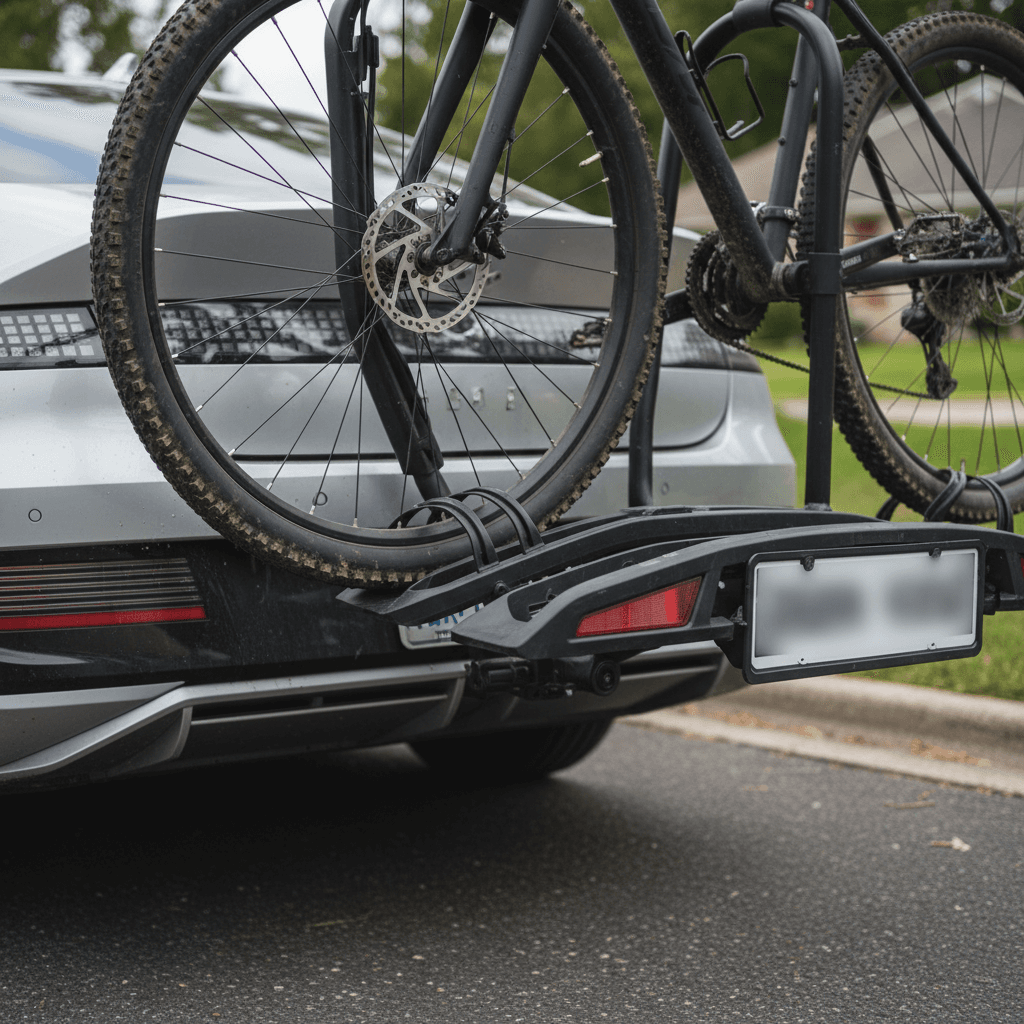 Hitch-mounted platform bike rack loaded with two bicycles on the rear of a sleek electric sedan, leaving taillights and license plate visible