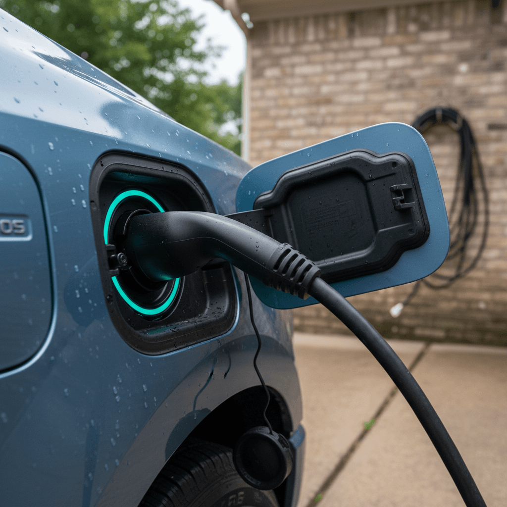 Ford F-150 Lightning plugged into a Level 2 home charger in a residential driveway