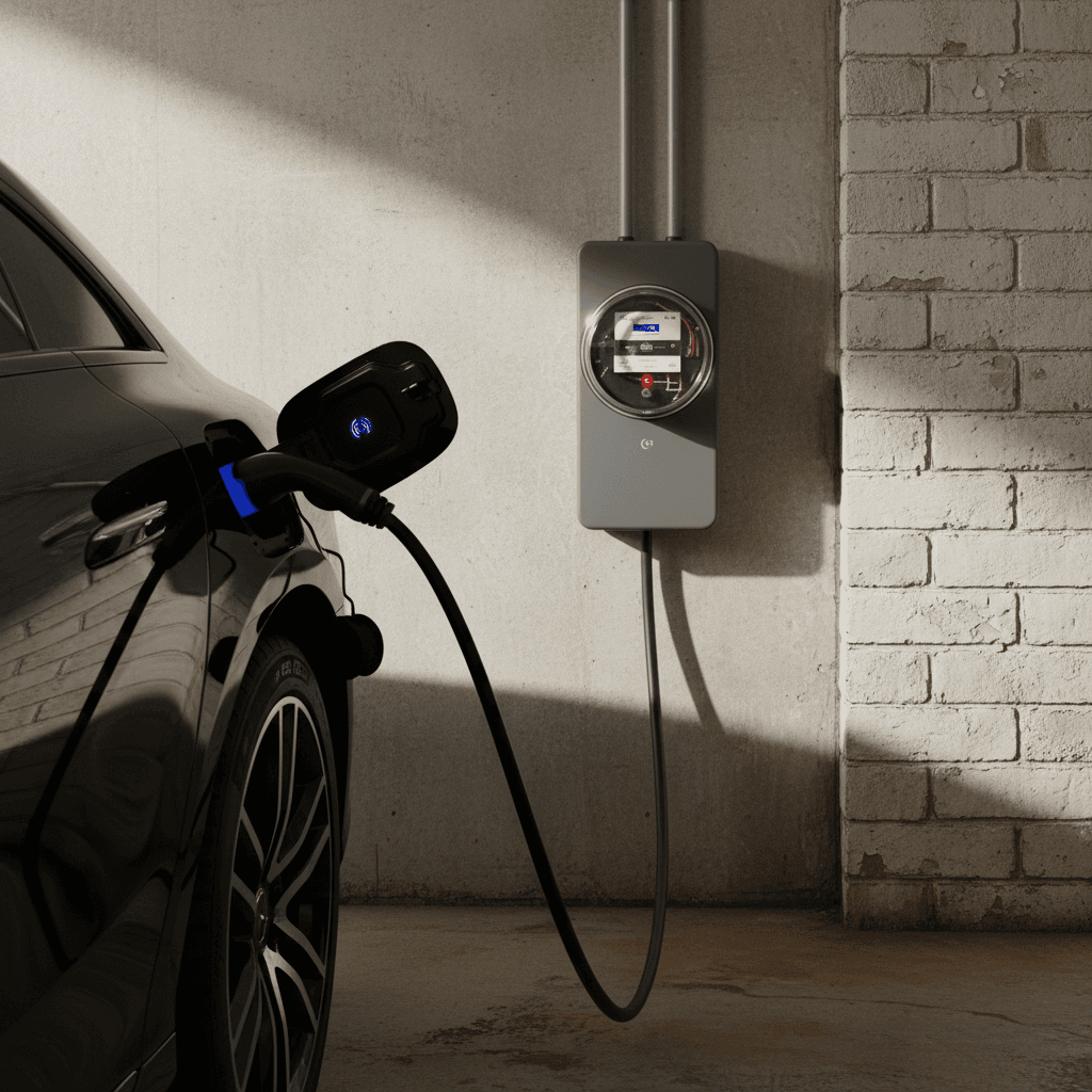 Mercedes EQS plugged into a home wallbox while a nearby electric meter tracks energy use