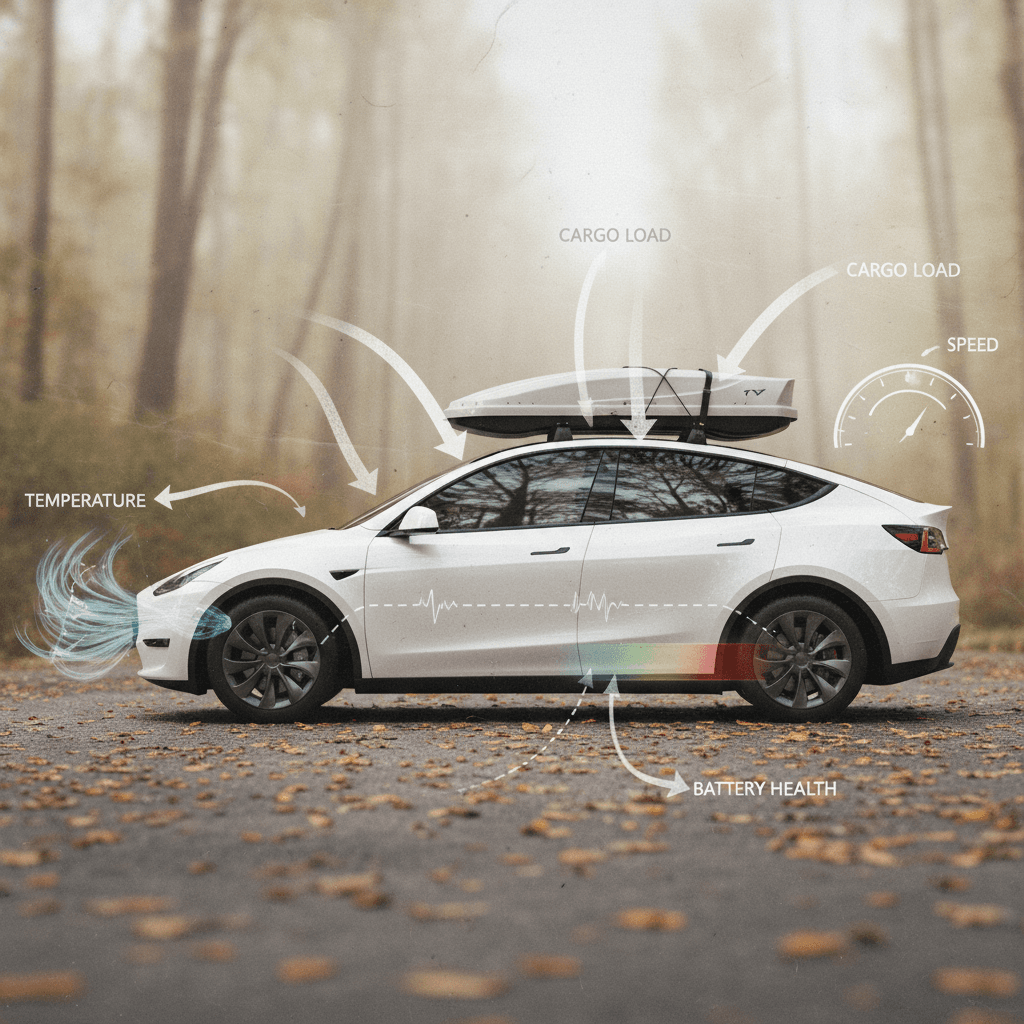 Illustrated Tesla Model Y with arrows showing how speed, temperature, and cargo affect real‑world driving range.