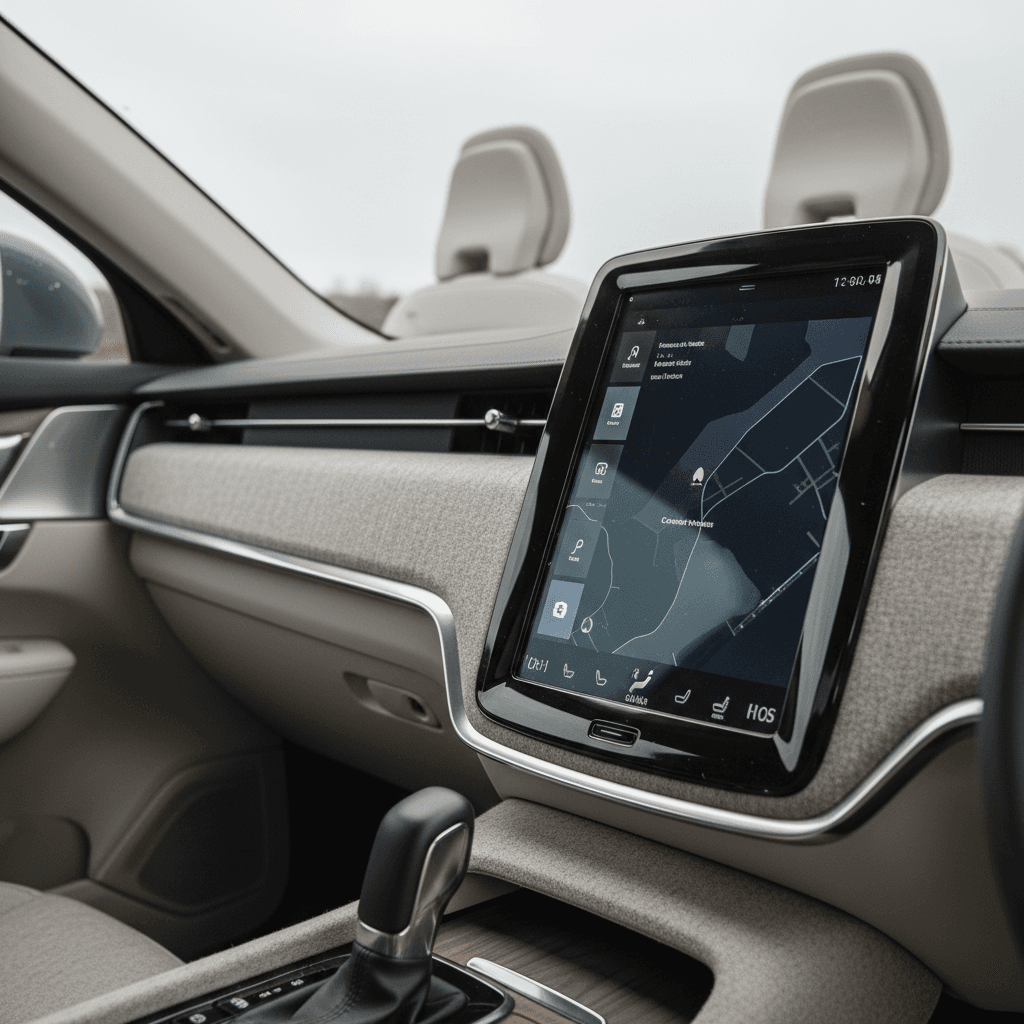 Interior of a Volvo EX90 with three rows of seating and a large portrait touchscreen, showing a calm, minimalist Scandinavian design ideal for families upgrading from an XC90.