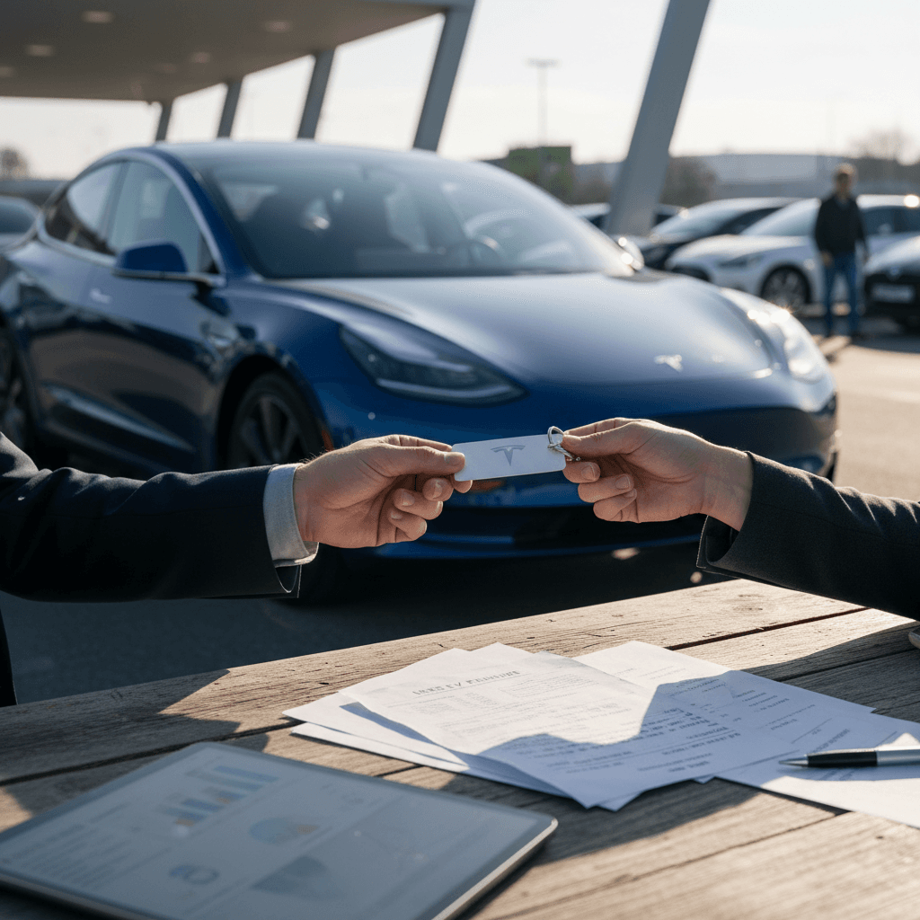 Seller reviewing multiple offers for a 2024 Tesla Model 3 trade-in at a used EV dealership