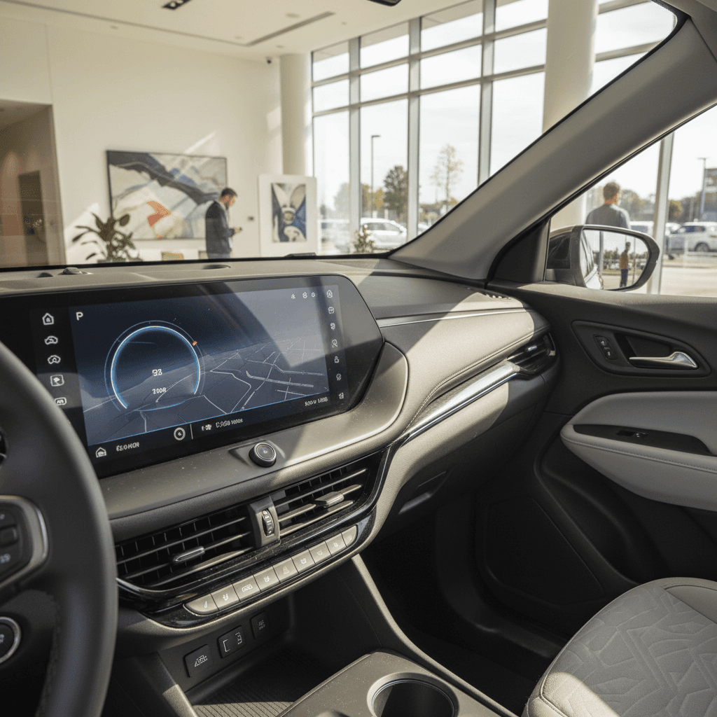 Chevrolet Equinox EV interior with wide center touchscreen and digital gauges, emphasizing tech-focused yet familiar layout