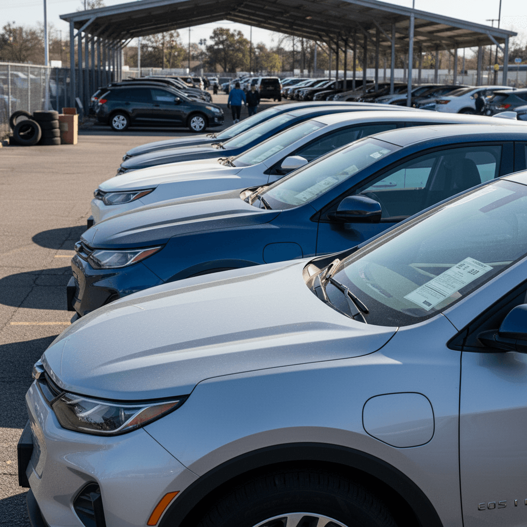 Row of used Chevrolet Equinox EVs at a dealership lot, each with a price sticker on the windshield