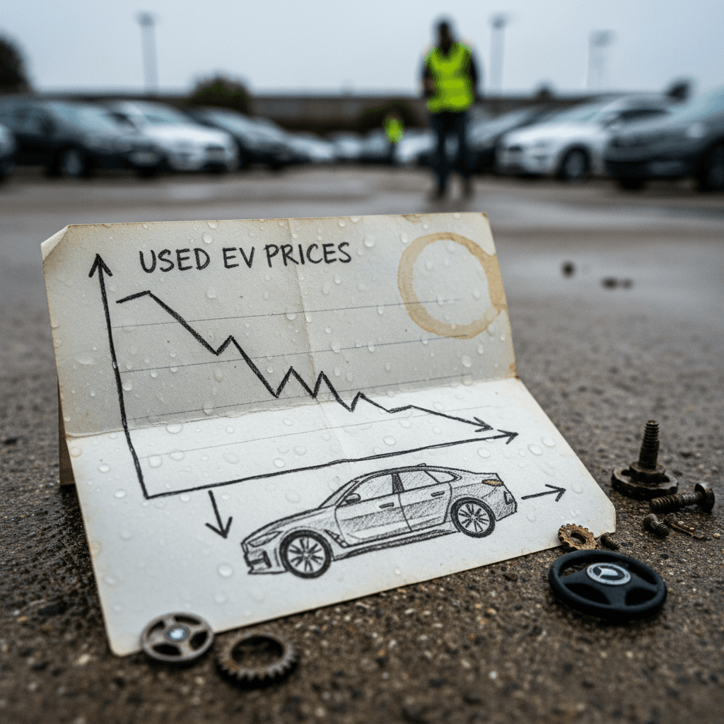 Stylized chart showing BMW i4 prices dropping sharply in first three years then flattening into a slower decline