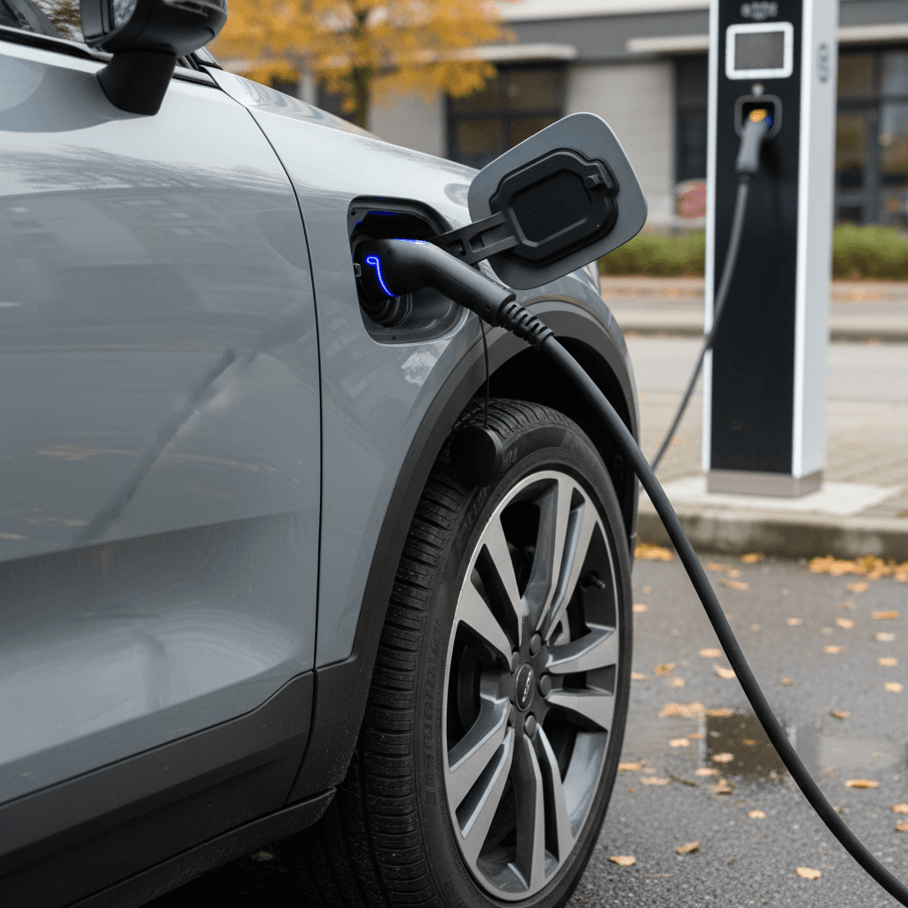 Volvo EX30 charging at a public station, with focus on the charging port and rear wheel