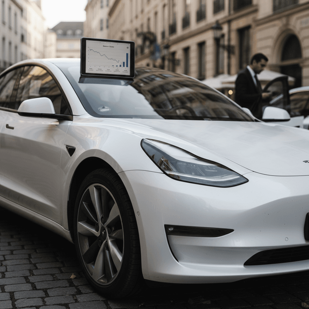 Seller discussing a used electric car battery health report with an EV specialist at a modern showroom