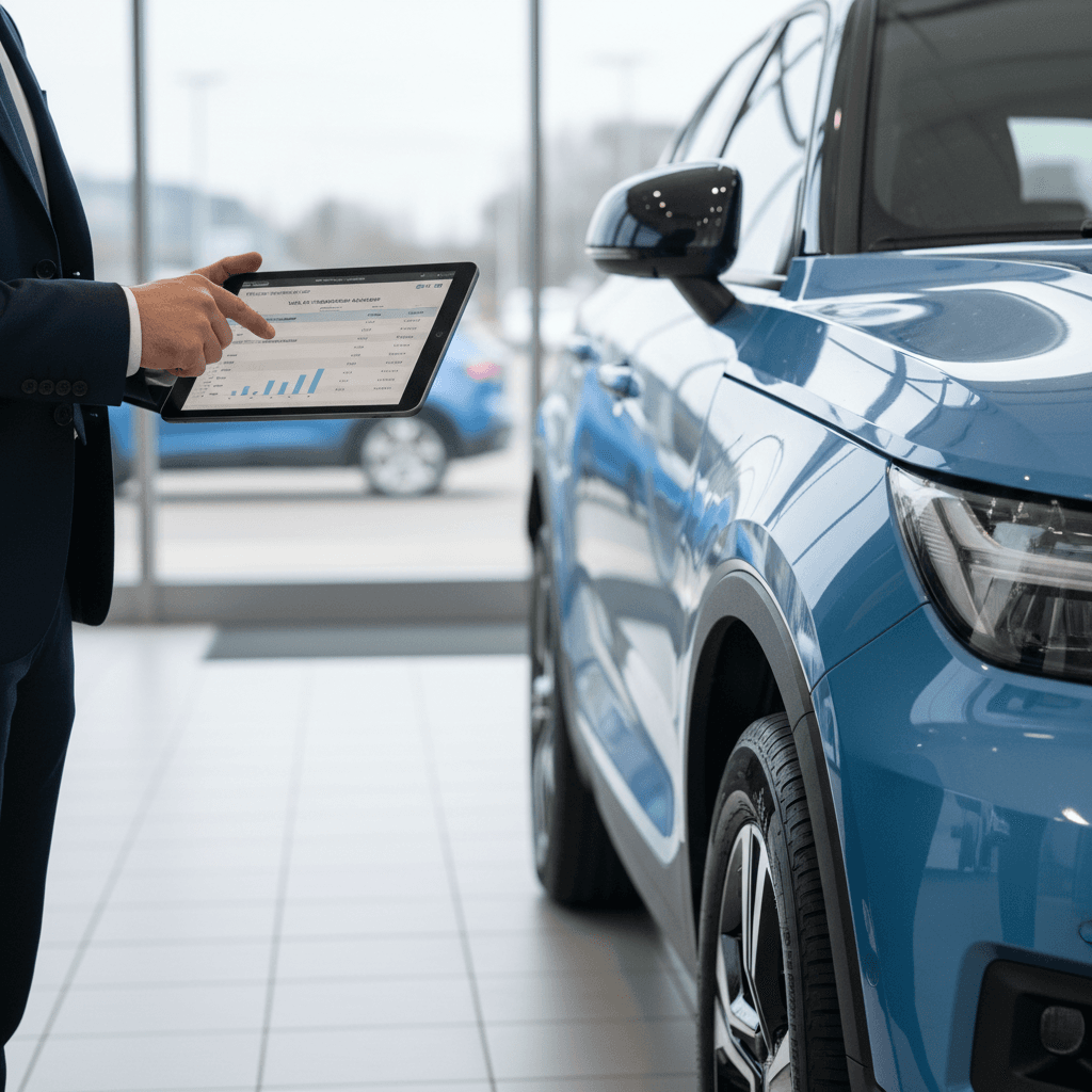 Sales advisor and owner reviewing a Volvo EX40 battery and trade‑in inspection report on a tablet next to the vehicle