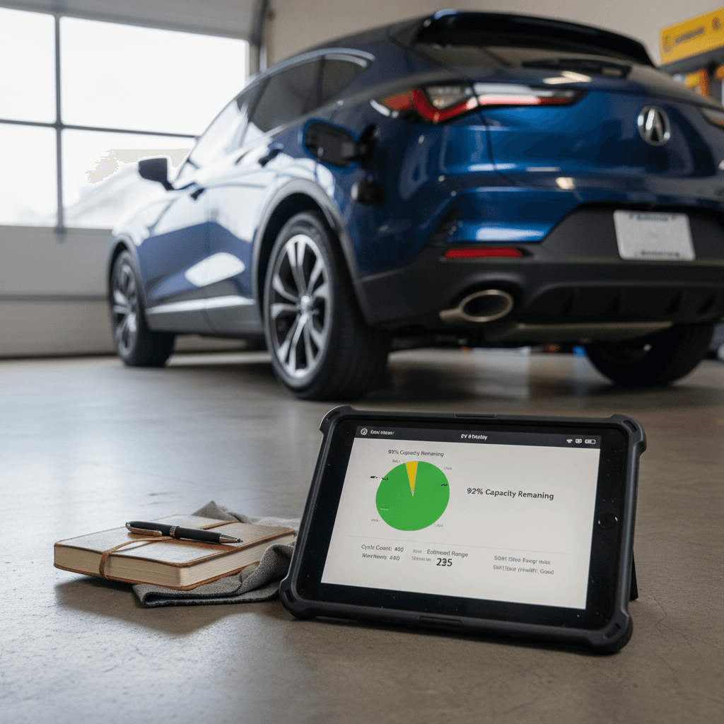 Tablet displaying an EV battery health report next to a parked Acura ZDX, used for selling the vehicle