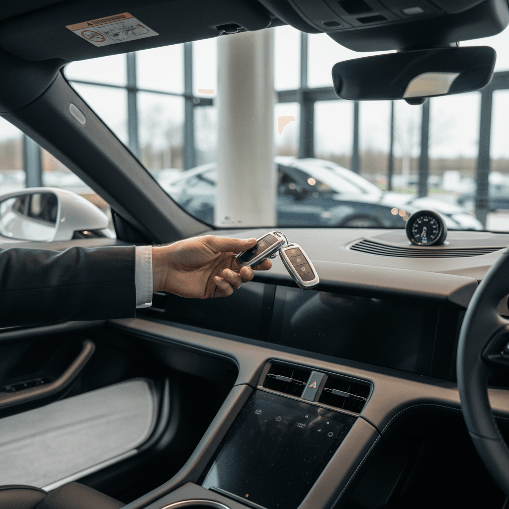 Seller and EV specialist reviewing a Porsche Taycan battery health report on a tablet in a bright showroom