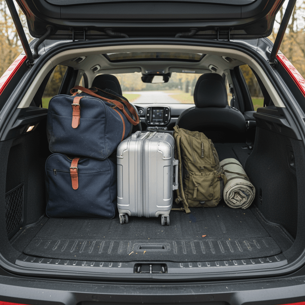 Volvo C40 Recharge rear cargo area with seats folded flat and luggage loaded