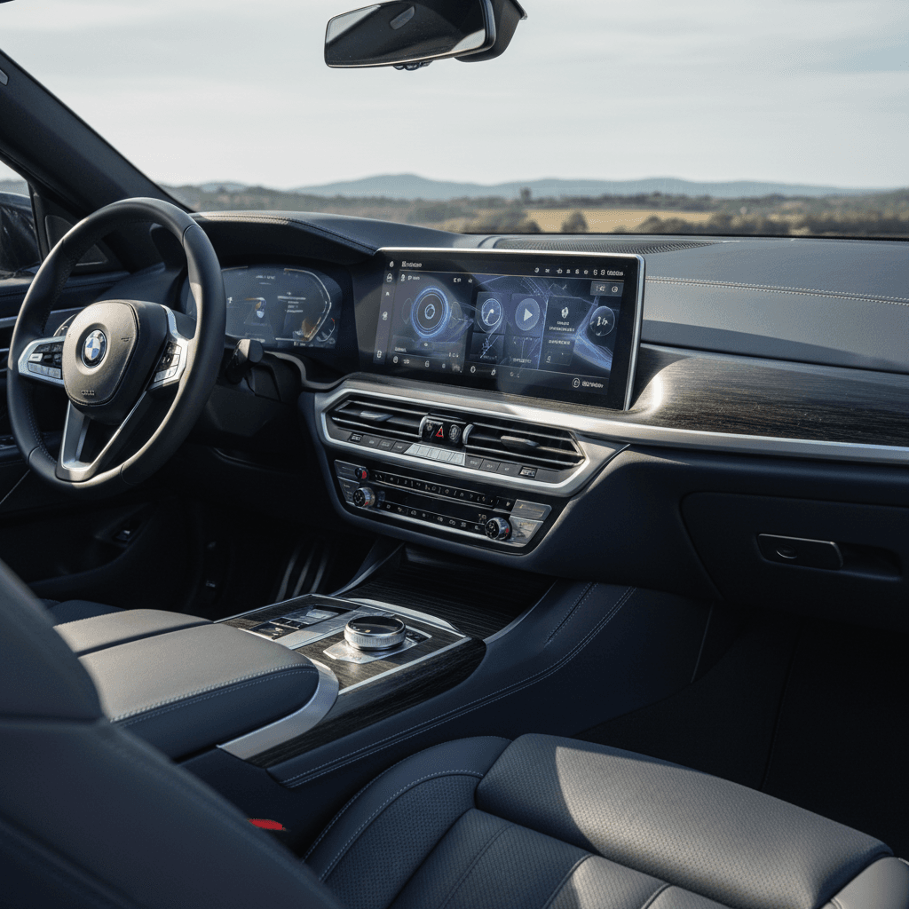 BMW i7 interior with curved display showing iDrive software settings and Remote Software Upgrade screen