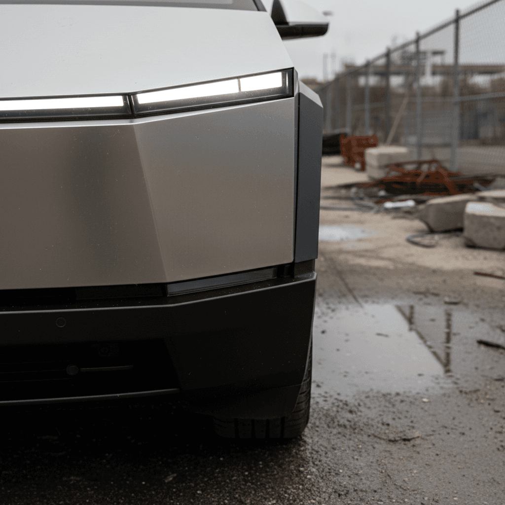 Close-up of Tesla Cybertruck stainless-steel body showing seams and headlight area, where owners often notice panel alignment and finish issues.