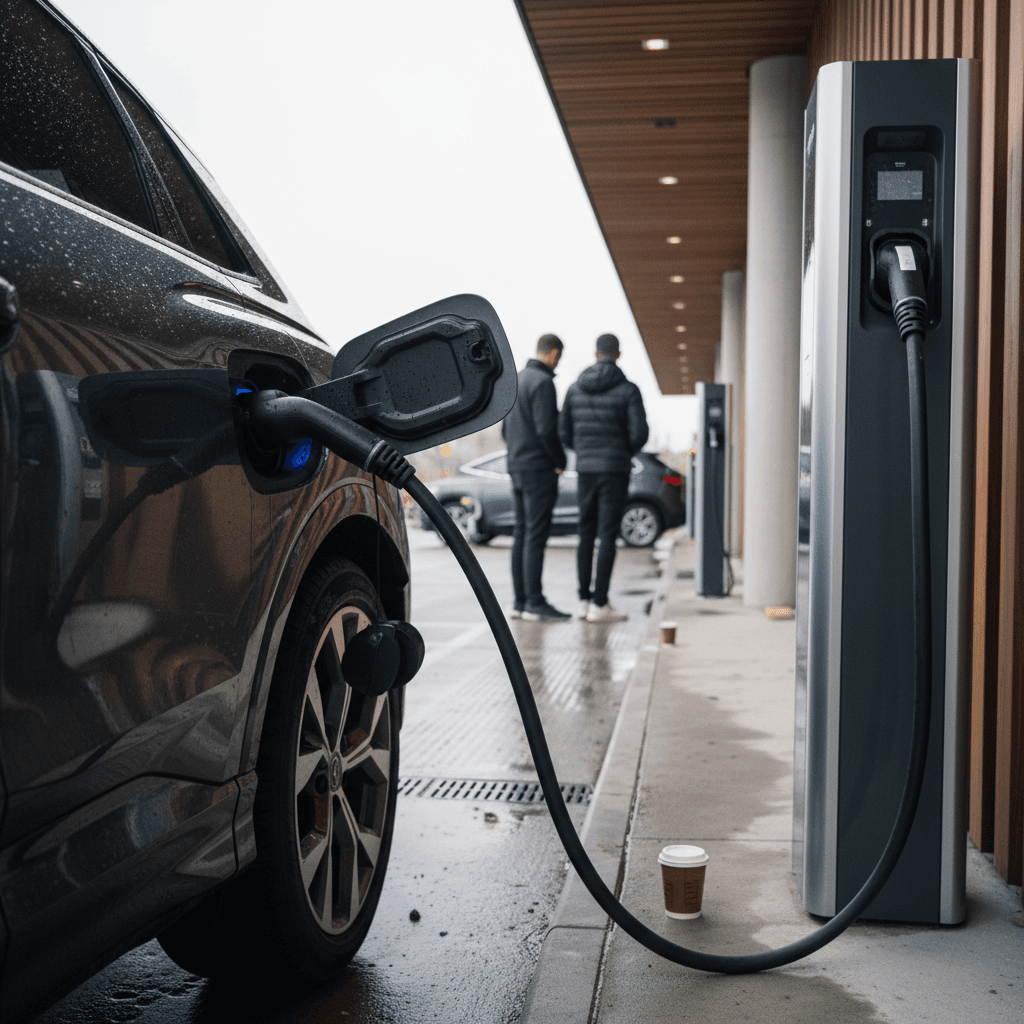 2023 Audi Q4 e-tron charging at a DC fast charging station, cable connected to front quarter panel port