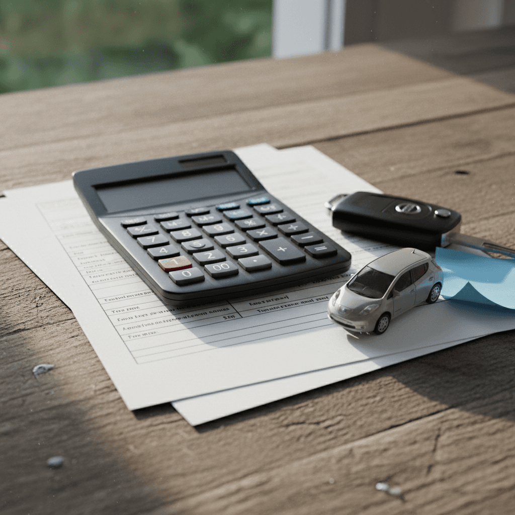 Desk with auto loan paperwork, calculator, keys and a small model Nissan Leaf showing the process of financing a used Leaf