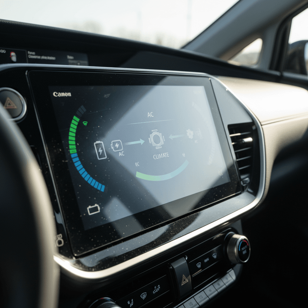 Closeup of car dashboard AC controls with temperature and fan settings