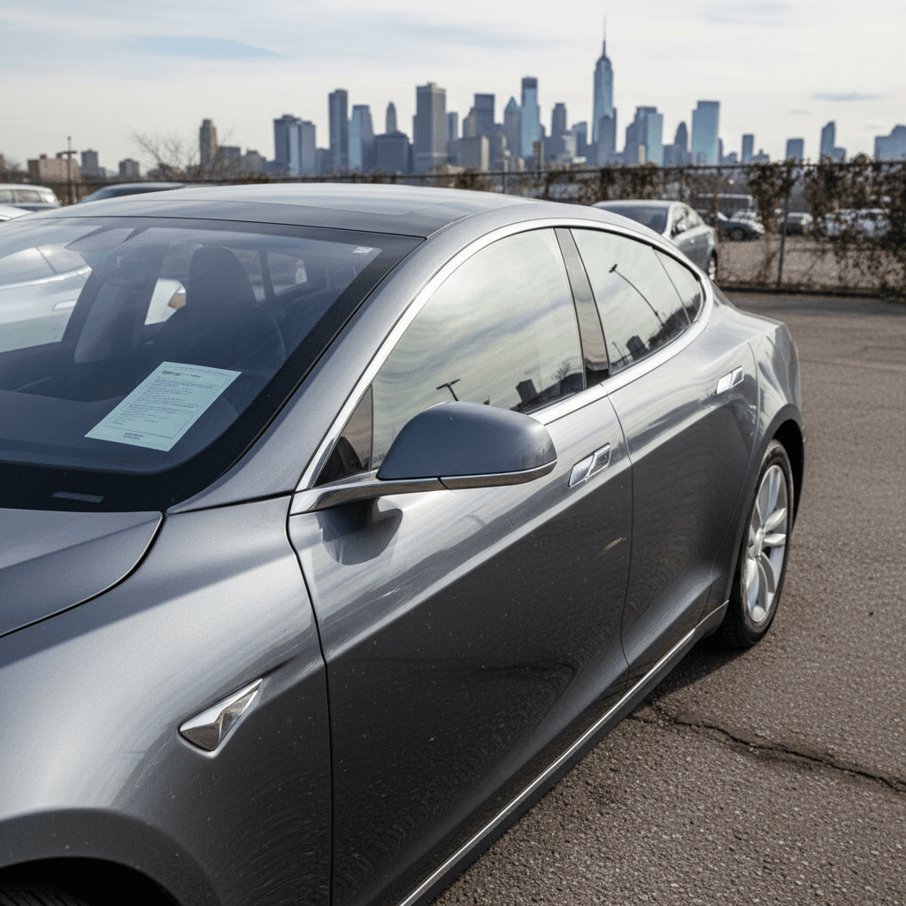 Row of used electric cars plugged into public charging stations on a New York street, with apartment buildings and storefronts behind them.