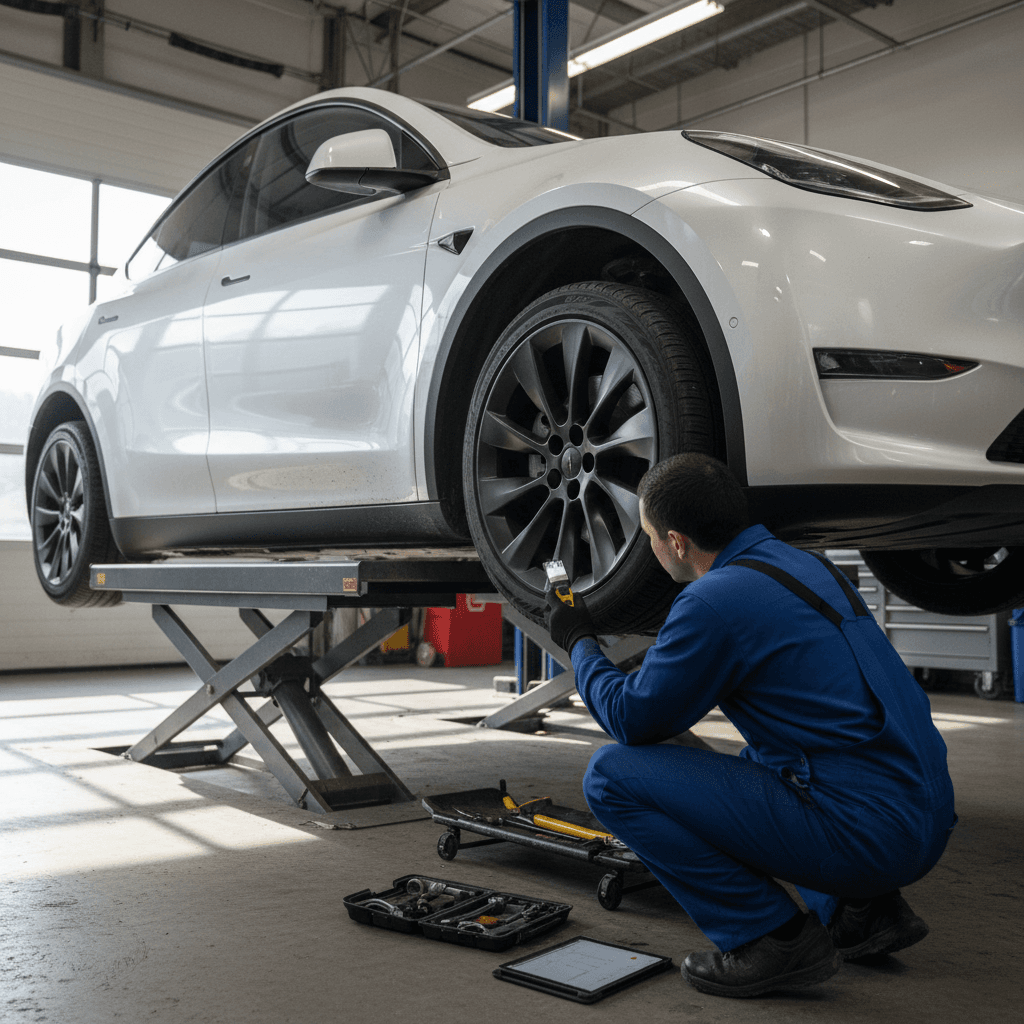 Technician inspecting a used 2022 Tesla Model Y for trade-in, checking wheels and underbody condition