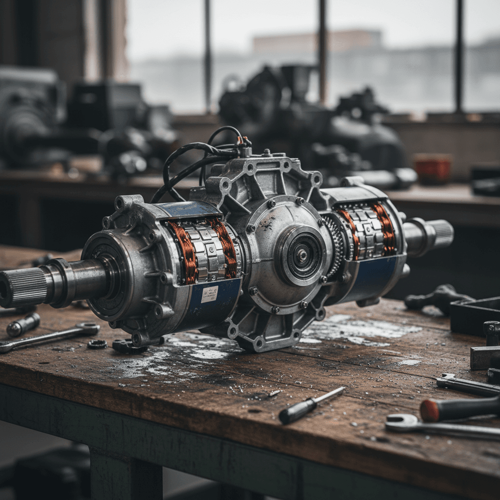 Cutaway view showing front and rear electric motors in an all-wheel-drive EV drivetrain