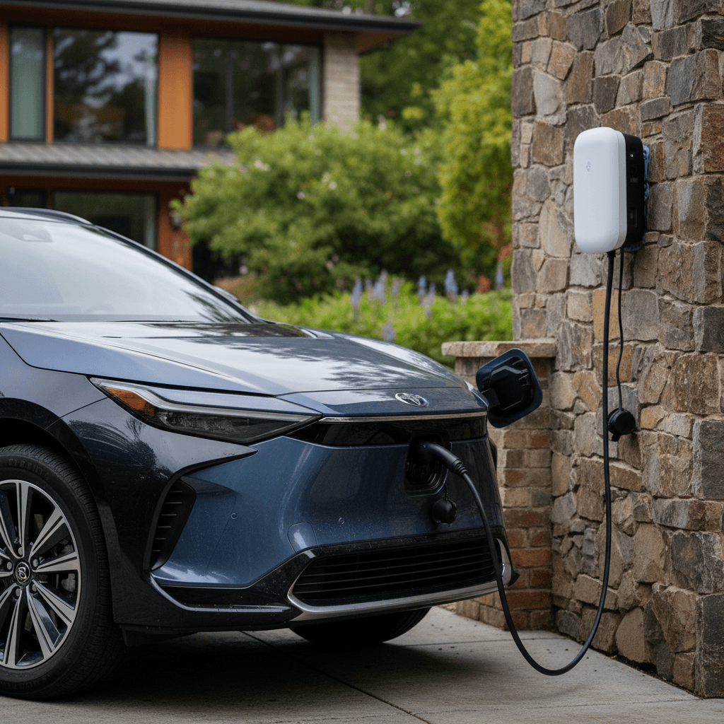 2025 Toyota bZ4X charging at a home Level 2 charger in a driveway