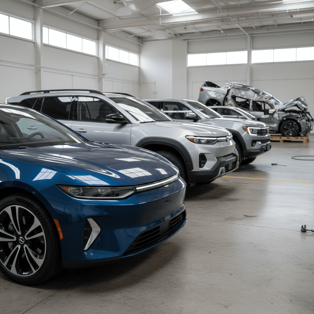 Lineup of several 2025 electric cars in different sizes including sedans, SUVs, and a pickup, illustrating variety among the safest EVs